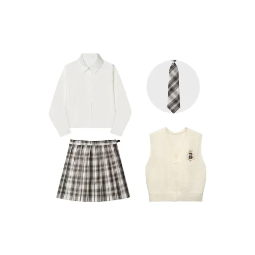 KAZAN [Комплект] Жилет Белый Медведь + Рубашка Белая с длинным рукавом + Юбка Серо-белая в клетку + Галстук Женская униформа