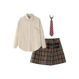 Set (Коричневая рубашка + Коричневая кожаная этикетка в клетку + Юбка + Аксессуары)