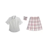 Комплект (Короткий рукав, рубашка "Hot Girl" + розовая юбка в клетку)