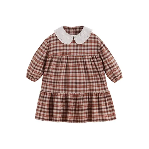 MARC JANIE Lufu series Малыш Платье Красно-коричневый Клетчатый Детский