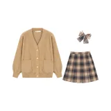 Хаки Имитация Норковая Шерсть Свитер Кардиган + Обжаренный Каштановый Клетка Юбка + Сочетающий Клетка Трусики-бикини