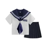 Новый комплект: три книги, короткий рукав, юбка, темно-синий шарф, белая пуговица