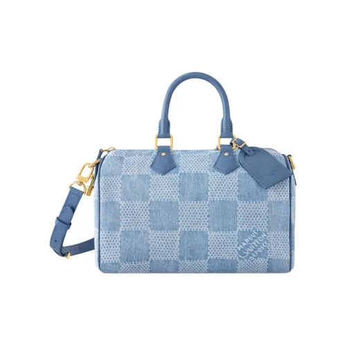 LOUIS VUITTON Speedy Хлопок Canvas Корова Кожа Сумка Женская Синяя