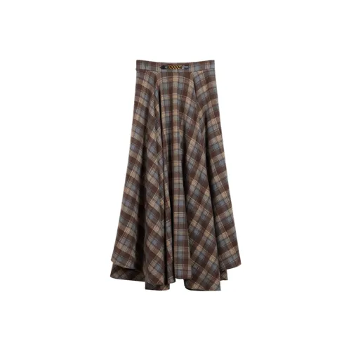 NancyCavally Повседневный Длинный Юбка Женская Сине-Коричневая Клетка