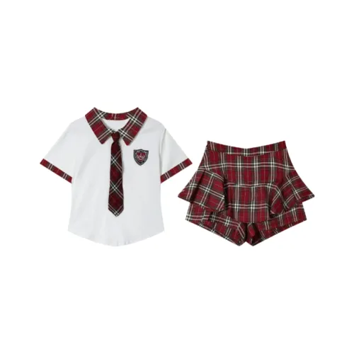 MISTVB Белый топ + Клетчатая короткая юбка, комплект одежды для женщин, повседневный костюм