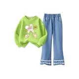 [Свитшот с круглым вырезом / Джинсовые расклешенные штаны] Травяной зеленый + Светло-синий