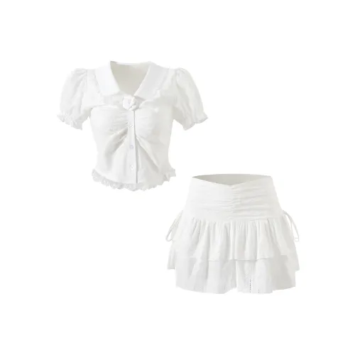 KAZAN Белый Двухкомпонентный Набор Белый Кружевной Топ + Белая Укороченная Юбка Женская Униформа