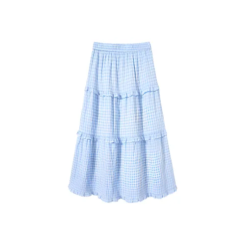 SHIRAN Повседневный Длинный Юбка Женская Морская соль Синий Клетка