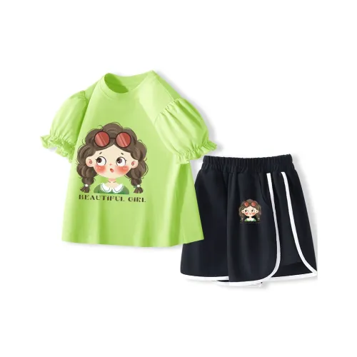 La Chapelle Повседневная спортивная одежда [Короткий рукав T-рубашка Шорты комплект] Зеленый+Черный для детей 3-7 лет
