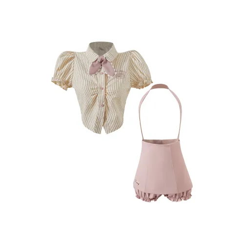 KAZAN THREE предметный набор Полосатая рубашка + Розовая юбка на подтяжках + Розовый галстук-бабочка Женская униформа