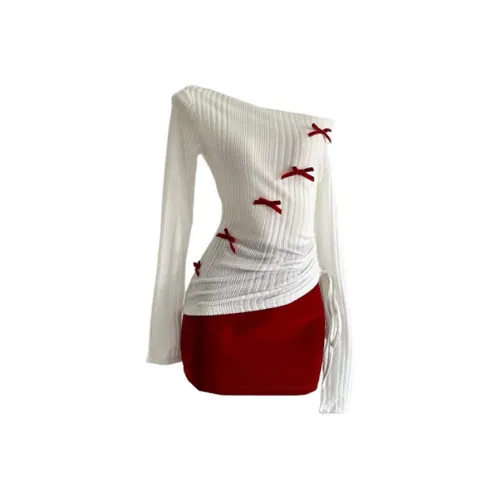 KYKW Одежда Комплекты Юбки Женские Белый Топ+Красная Короткая Юбка