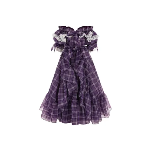 Selkie Коллекция FW24 Evening Платье Женское Фиолетовое Преппи Стиль Клетка С Принт