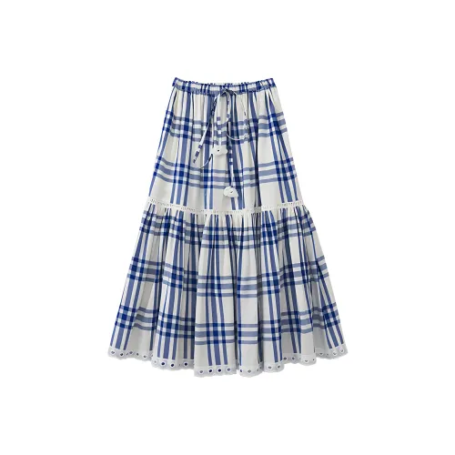 Homemade Willow Silk 2025 Летний Повседневный Длинный Юбка Женская Сине-Белая Клетка