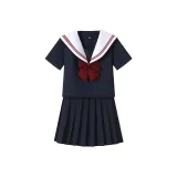 Темно-синий, синий, короткий рукав, топ + короткая юбка + бант