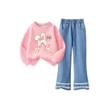 [Свитшот с круглым вырезом / Джинсовые расклешенные штаны] Розовый + Светло-синий