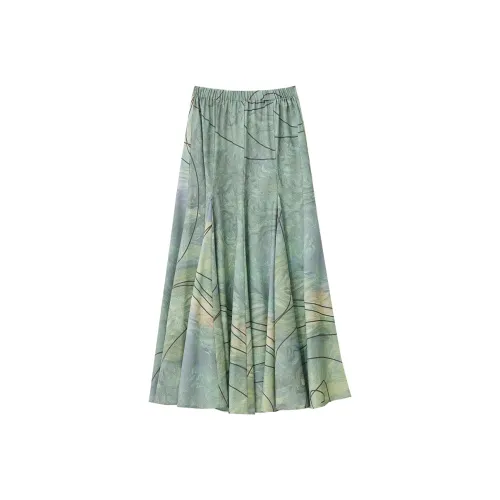 AMII Повседневный Длинный Юбка Женская Синяя Зеленая Многоцветная