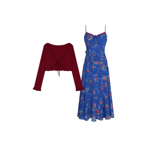 Annie The Темный Child Лето Комплект с юбкой Женские Синий Платье-камзол + Красный Кардиган