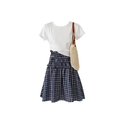 Lookinto Комплект с юбкой Женская Белый Топ Синяя и Белая Юбка