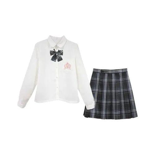 SHENBEI JK Вишневый цветок Кролик Длинный рукав Топ + Темно-ночная юбка + Галстук-бабочка Женская униформа