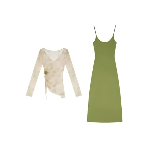HeartyBite Комплект с юбкой Женские Абрикосовая Внешняя рубашка + Зеленое платье-камзол