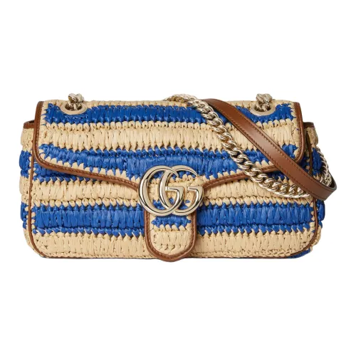 GUCCI GG Marmont Вискоза Плечевая Сумка Средняя Женская Синяя и Бежевая