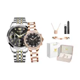 Стальной браслет с черным циферблатом + розовый корпус, черный циферблат [Корона Коробка]