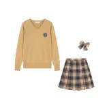 Светлый верблюжий свитер из трикотажной ткани, блузка в конфетно-каштановом цвете, клетчатая юбка того же цвета, соответствующий клетчатый шарф и значок в форме буквы S