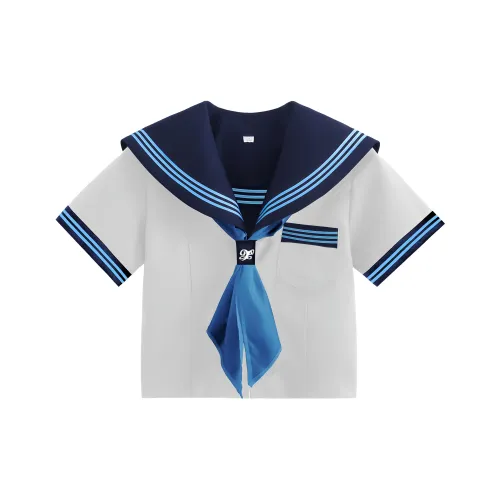 SHENBEI JK Темно-синий Ожерелье-чокер с Синий THREE Пуговица Короткий Рукав + Аква-синий Шарф Женская Униформа