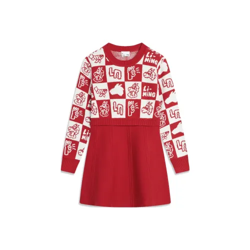 LINING YOUNG Платье Sports Life Collection FW24 Красный Белый Квадратный Жаккард Детский