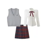 Gray Set из 4 шт (Серый жилет с вышивкой + Белая рубашка с утяжкой на талии + Красная и синяя плиссированная юбка + Красные галстуки-бабочки)