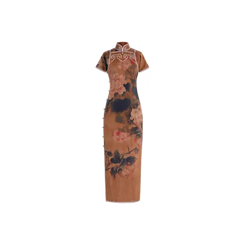 YICHENGFENGXU Чунсам Женский Коричневый С принтом