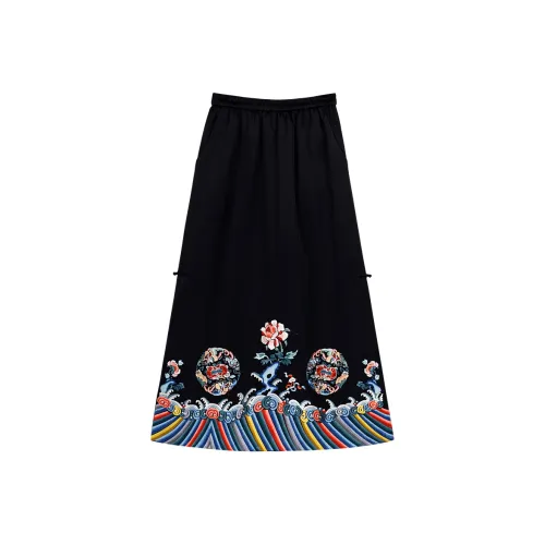 YICHENGFENGXU Повседневный Длинный Юбка Женские Черный Sea Волна Вышивка