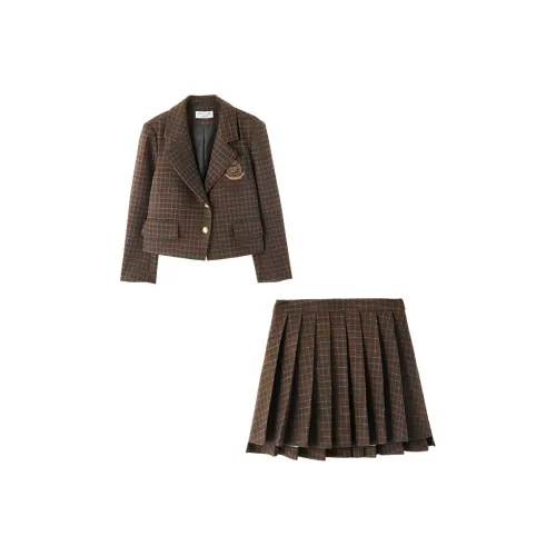 Mo Han Yi Mei Комплект с юбкой Женские Зеленый кофейный Клетчатый