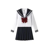 Белая длинная рубашка с длинными рукавами + темно-синяя короткая юбка + бантовый комплект