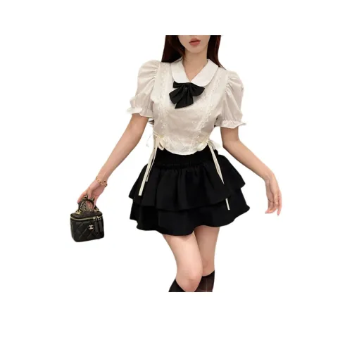 Garbege Юбка Женская Белая Топ Галстук-бабочка Черная Юбка Комплект Одежды