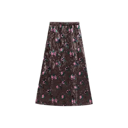 Wbwq Повседневный Длинный Юбка Женские Кофе С принтом