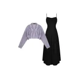 Фиолетовый кардиган + черное платье-камзол