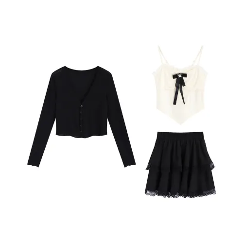 SNZX Комплект с юбкой Женские Черный Кардиган+Абрикосовый+Черное Платье