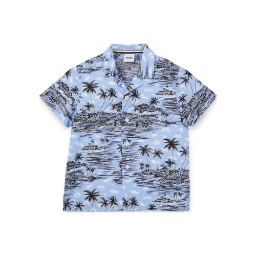 Hugo Boss Детская одежда Рубашка Стандартный крой Рубашка с тропическим принтом Хлопковый поплин Синий Детская