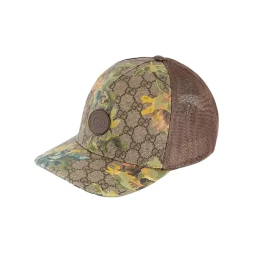GUCCI Canvas Cotton Linen Blend Leather Caps Unisex Brown
