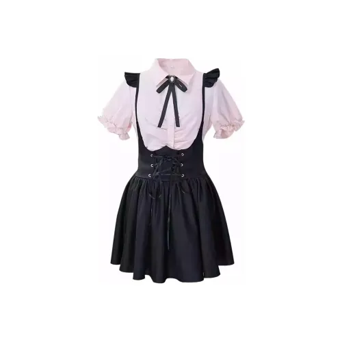 ACHEJIA Комплект с юбкой Женская Розовая Рубашка + Черное Платье-камзол