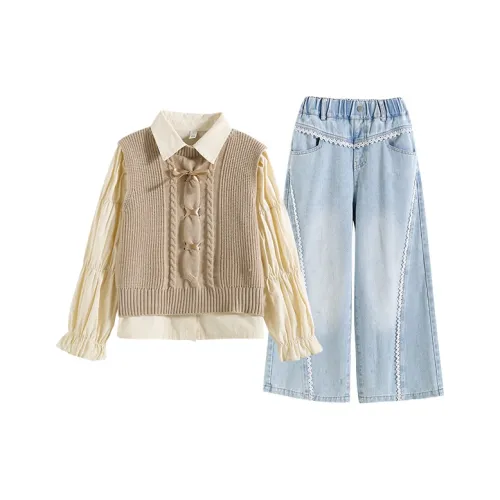 Guldoeleph Повседневный Спортивный Комплект Абрикосовый Топ + Синие Штаны Детские