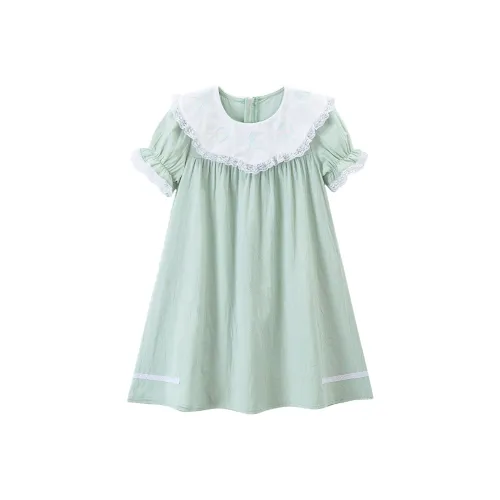 Simyke Лето 100% хлопок Свежий Кружево Белый Кружевная отделка Воротник Питера Пэна Цветовой блок Активный Платье Детский