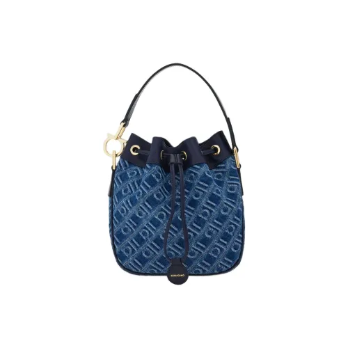 Ferragamo Ткань Телячья Кожа Ведрообразная Сумка Сумка на Одно Плечо Женская Джинсовый Синий