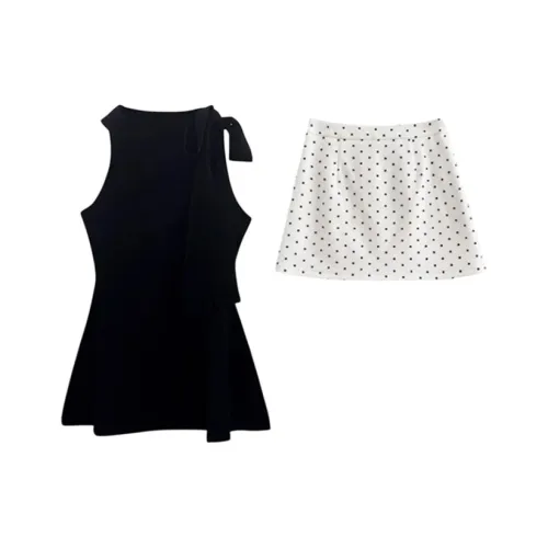CANTALOVE Черный топ + Абрикосовый гороховый узор юбка, женские комплекты с юбкой