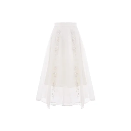 Blovelan Повседневный Длинный Юбка Женская Прозрачный Цветочный Дизайн Экрю