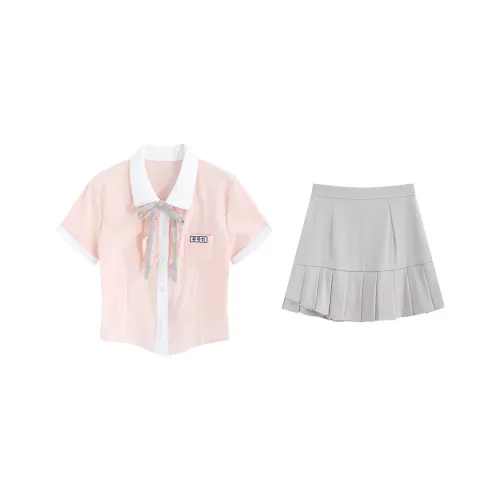 PZGE UNIFORM Женские Комплекты Розовая Рубашка + Галстук-бабочка + Серая Юбка