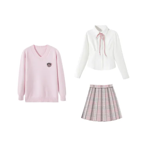KAZAN Розовый В-образный вырез Свитер + Белая Рубашка с утяжкой на талии + Розовая Плиссированная Юбка + Розовый Узел Женская Униформа