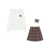 Натуральный Белый Свитера Трикотажная Ткань Блюза+Фонарик Вечеринка Клетчатая Юбка+Соответствующий Клетчатый Галстук+S Буква Аксессуары