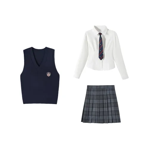 KAZAN Темно-синий V-образный вырез Значок на жилете + Белая с утяжкой на талии рубашка + Синие и черные клетчатые элементы юбка + Красные и зеленые элементы галстука Женская униформа